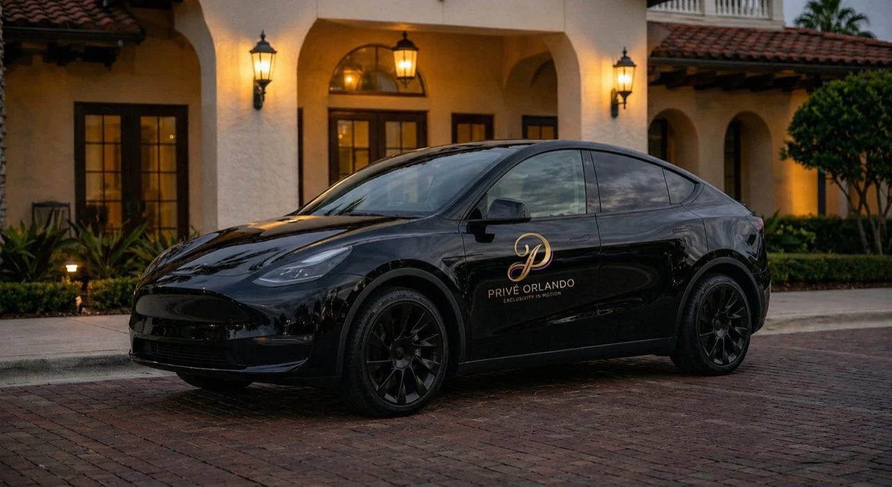 Black Tesla crossover with Privé Orlando branding outside a warmly lit building