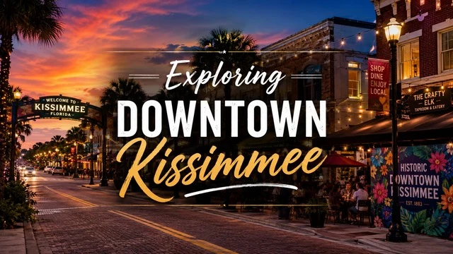 Downtown Kissimmee at sunset with the words Exploring Downtown Kissimmee over the streetscape